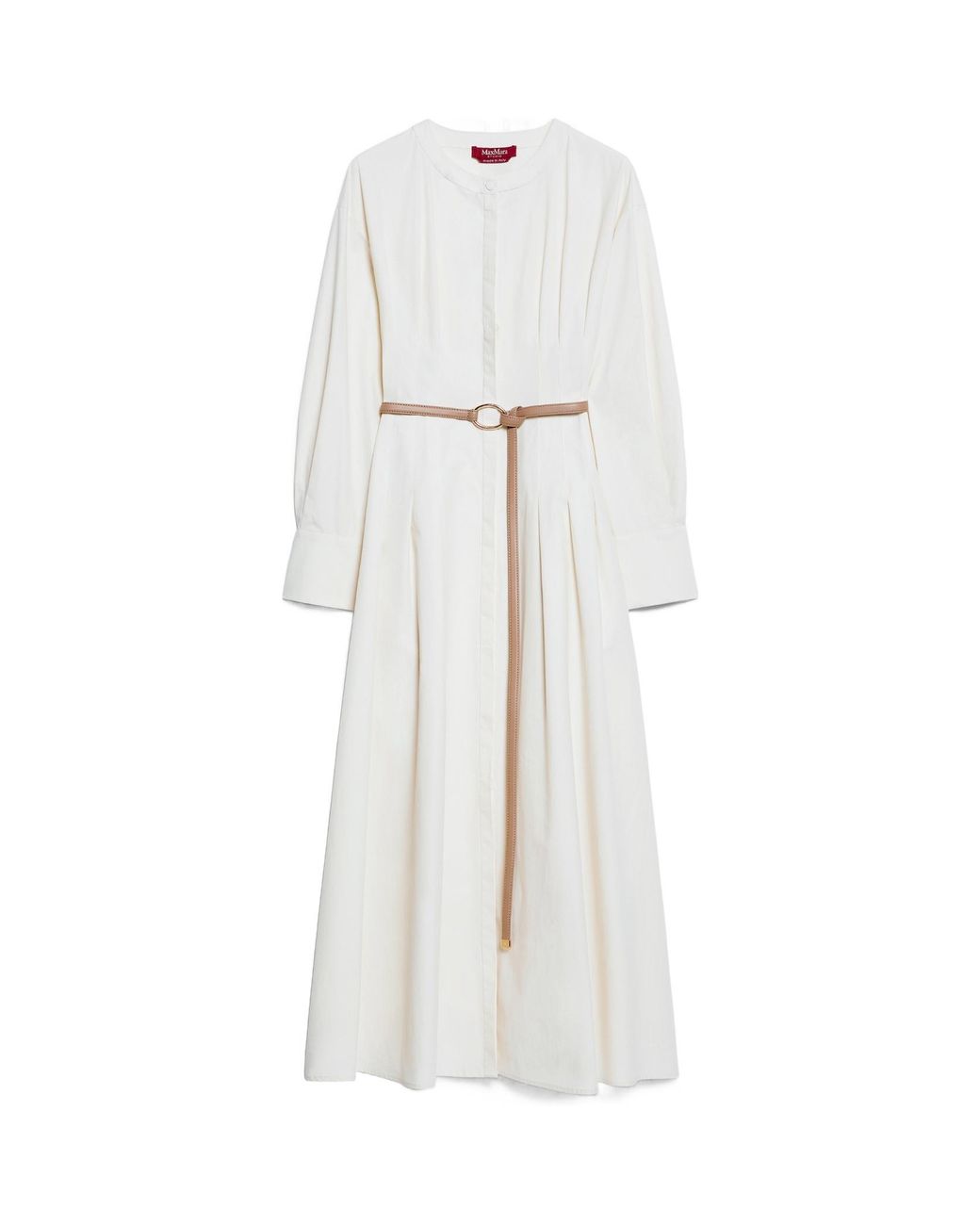 Max Mara White Studio Belted Crewneck Long-Sleeved Dress