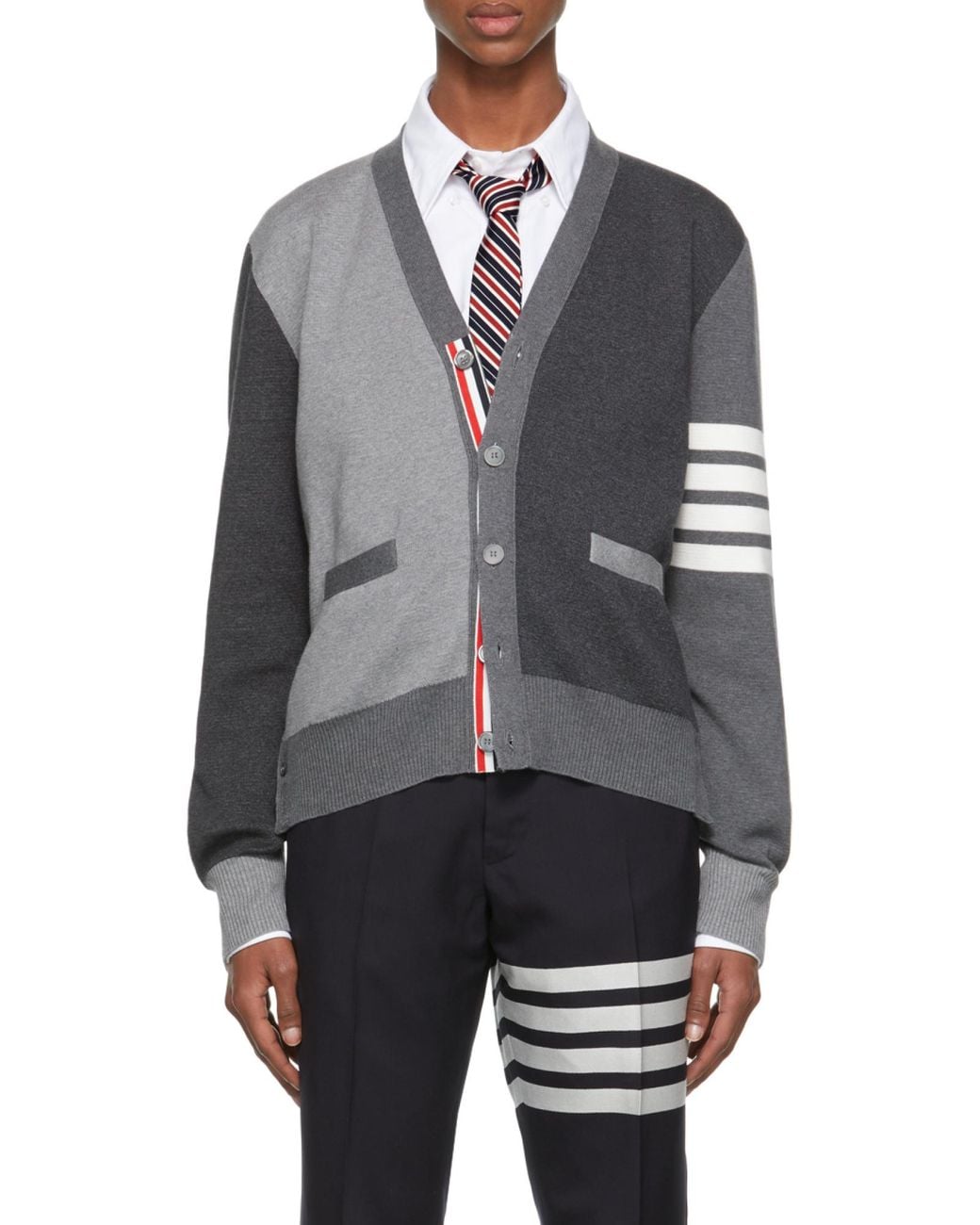 Thom Browne Gray カラーブロック V ネック カーディガン for men
