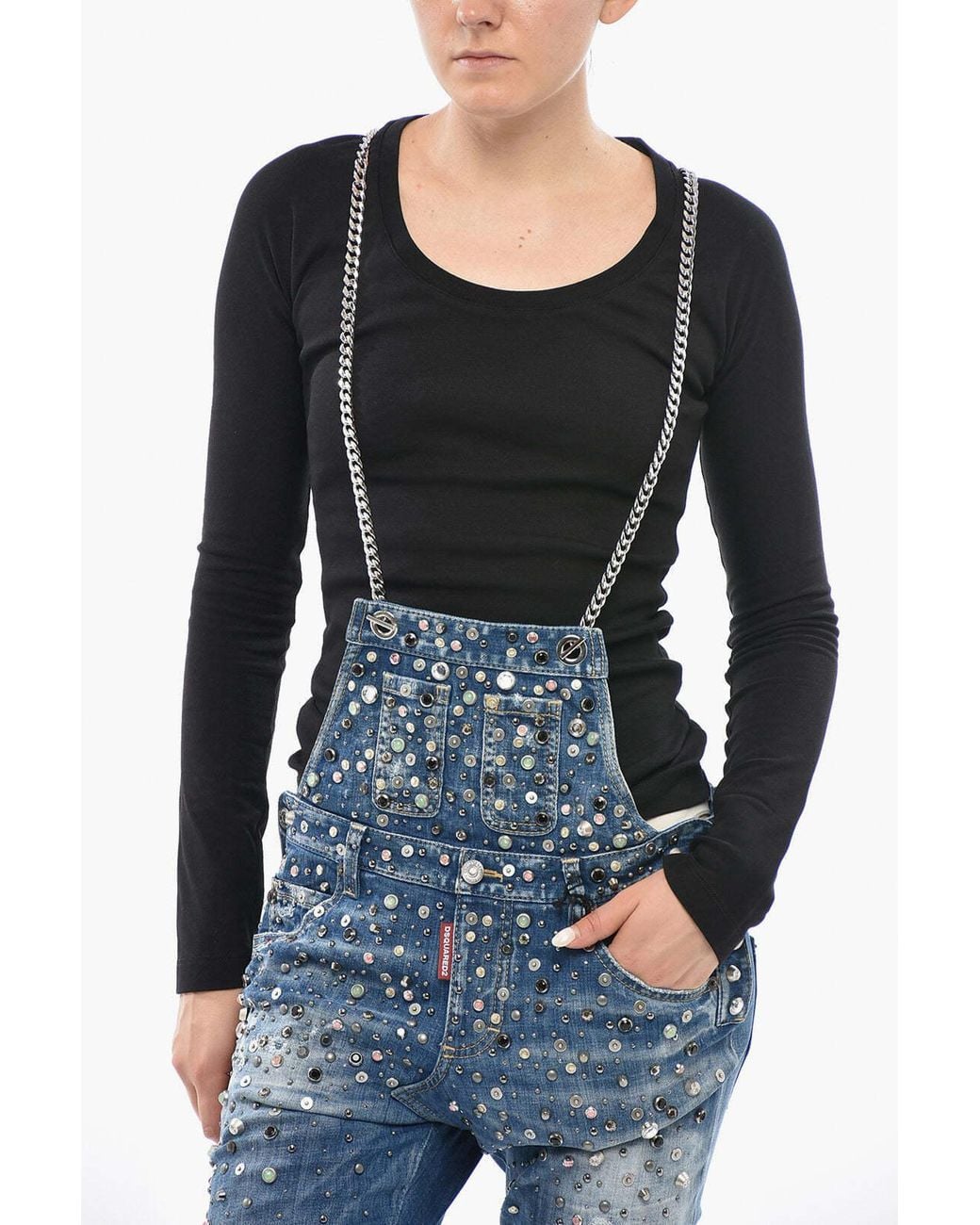 DSquared² Blue Jewel-Embellished Chain-Strap Jumpsuit