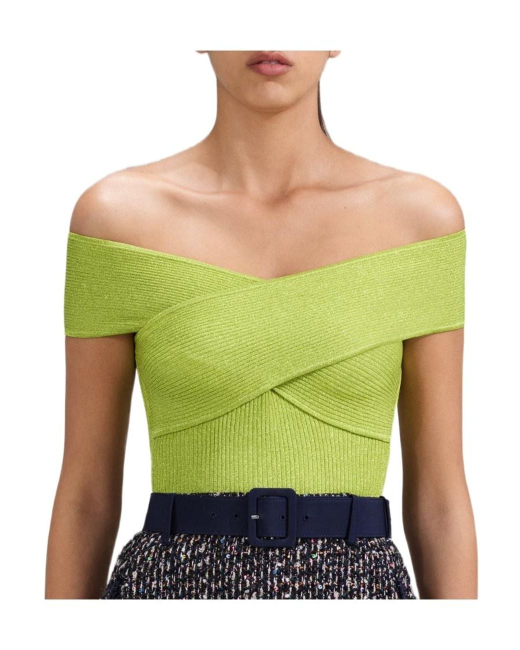 Self-Portrait Green Lurex Knitted Off-Shoulder Top