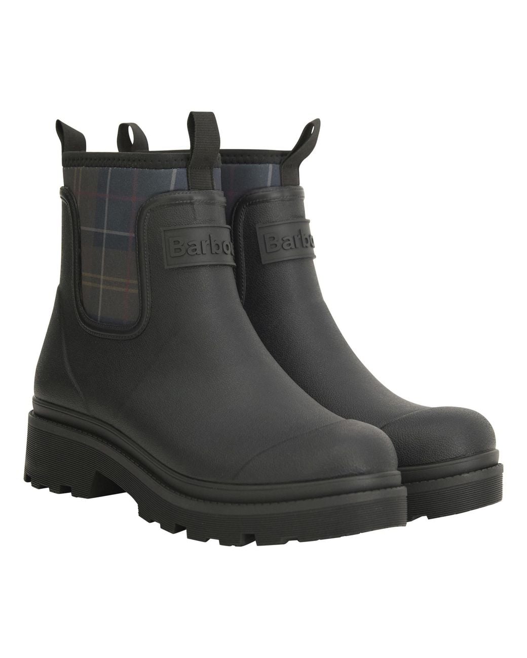 Barbour Gray Plaid Panel Side Elastic Short Rain Boot