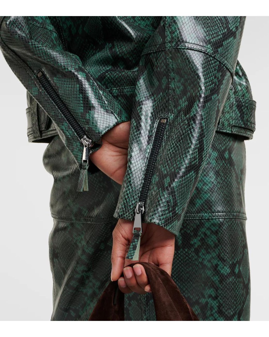 Dorothee Schumacher Green Lapel Long-Sleeved Leather Jacket