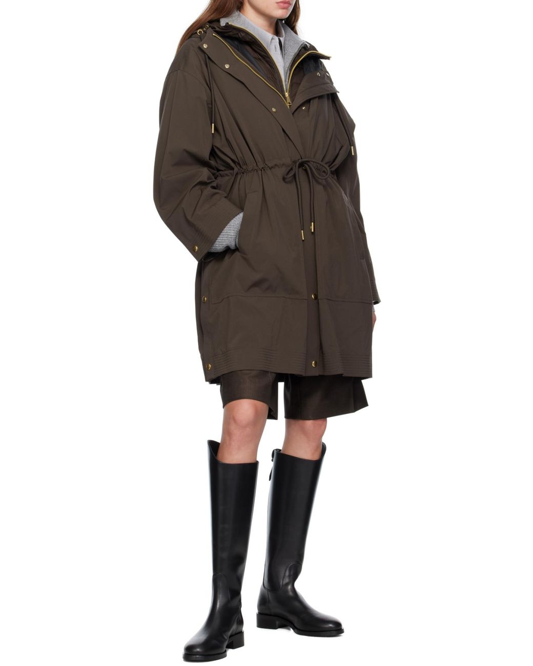 Moncler Gray Zip-Up Drawstring Hooded Coat