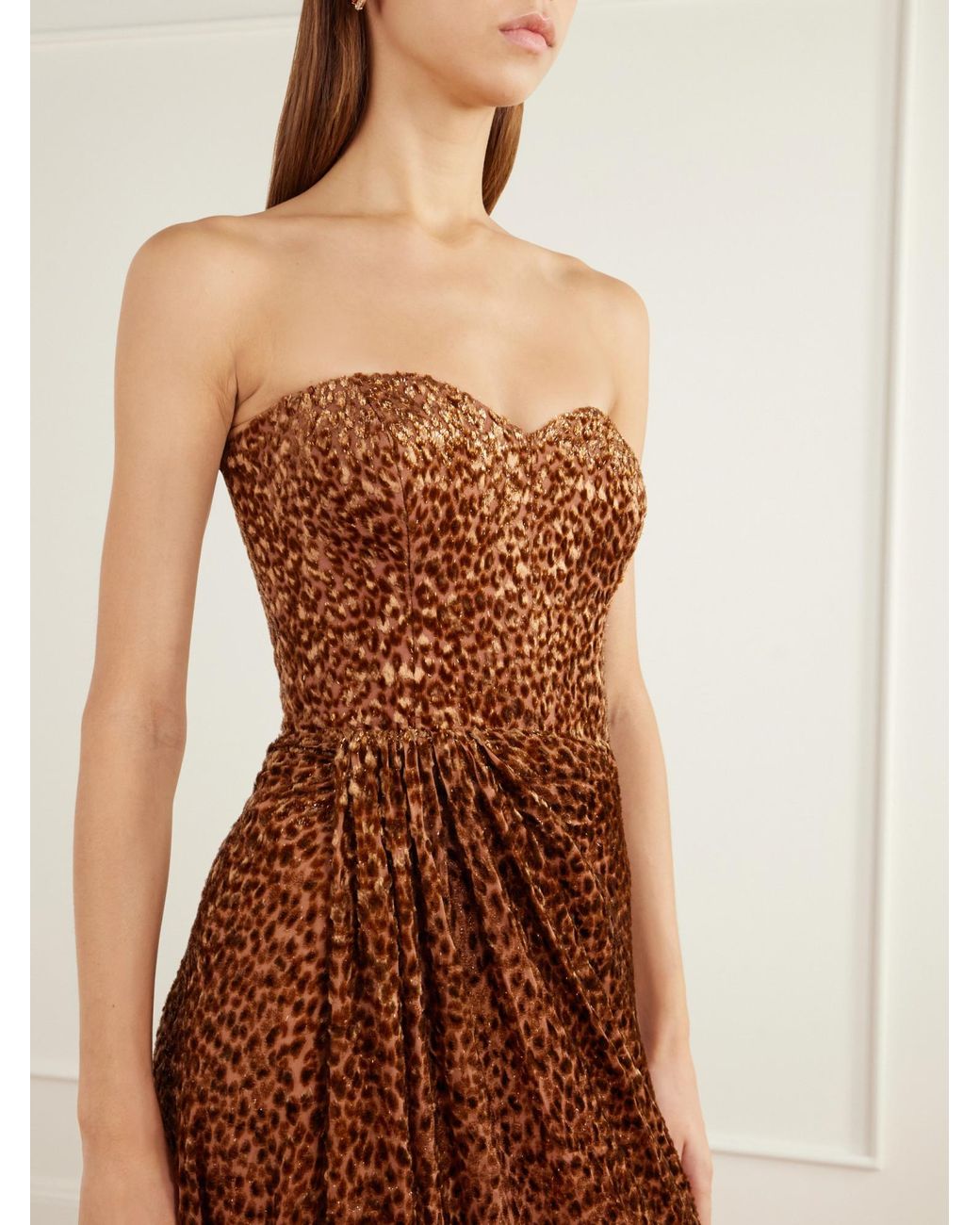 Alex Perry Brown Gathered Leopard-Effect Devoré Gown