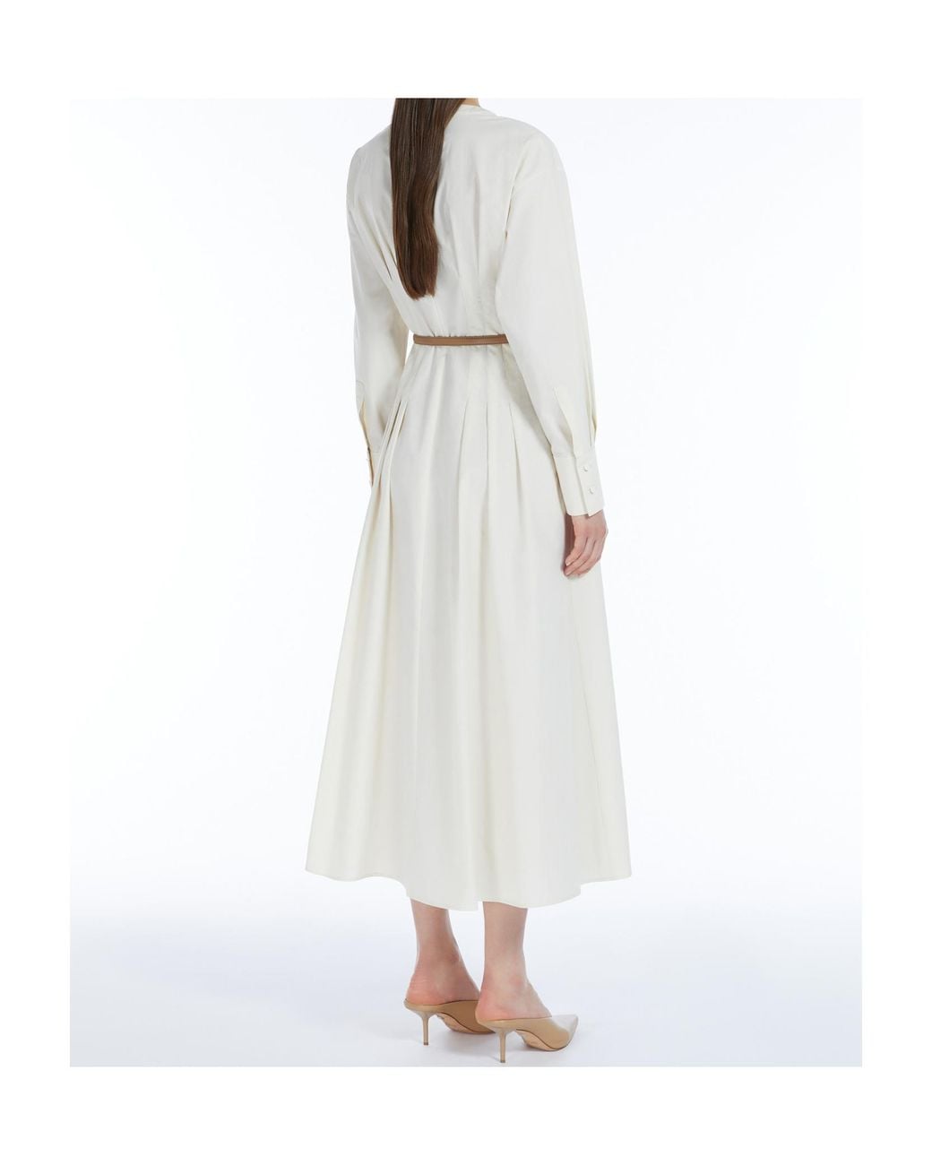 Max Mara White Studio Belted Crewneck Long-Sleeved Dress