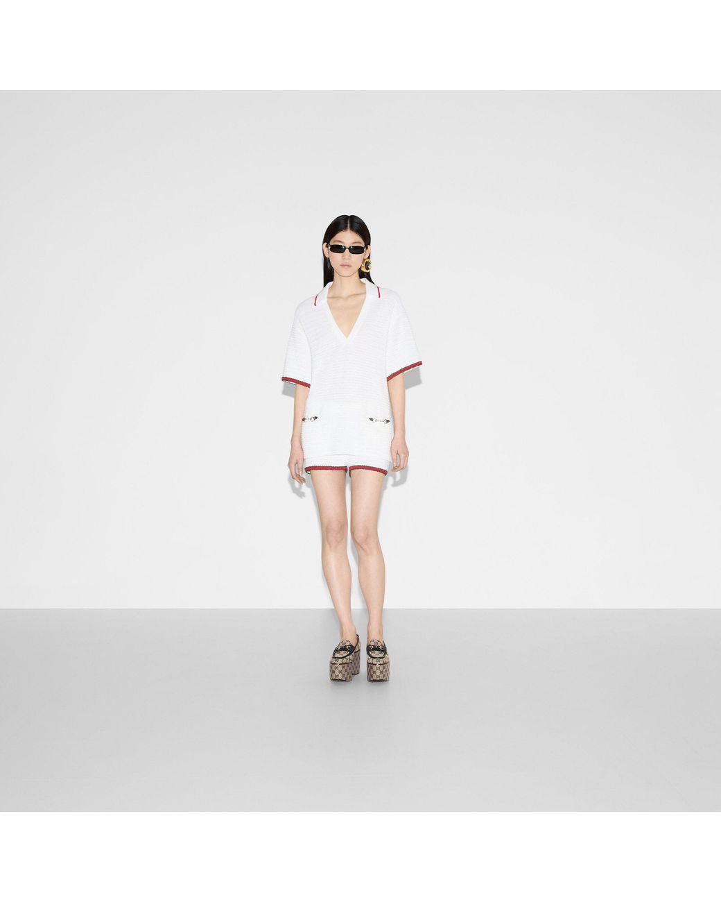 Gucci White Web-Stripe Trim Crochet Top