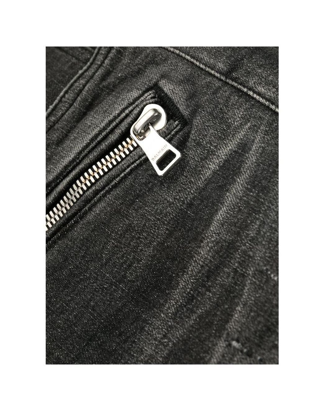 Balmain Gray Slim-Cut Ripped Cotton Jeans With Synthetic Leather Panels for men