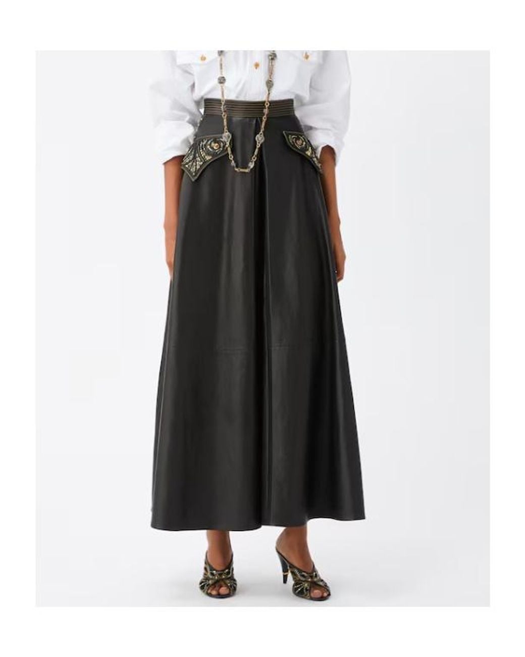 Versace Black Studded Leather Midi Skirt