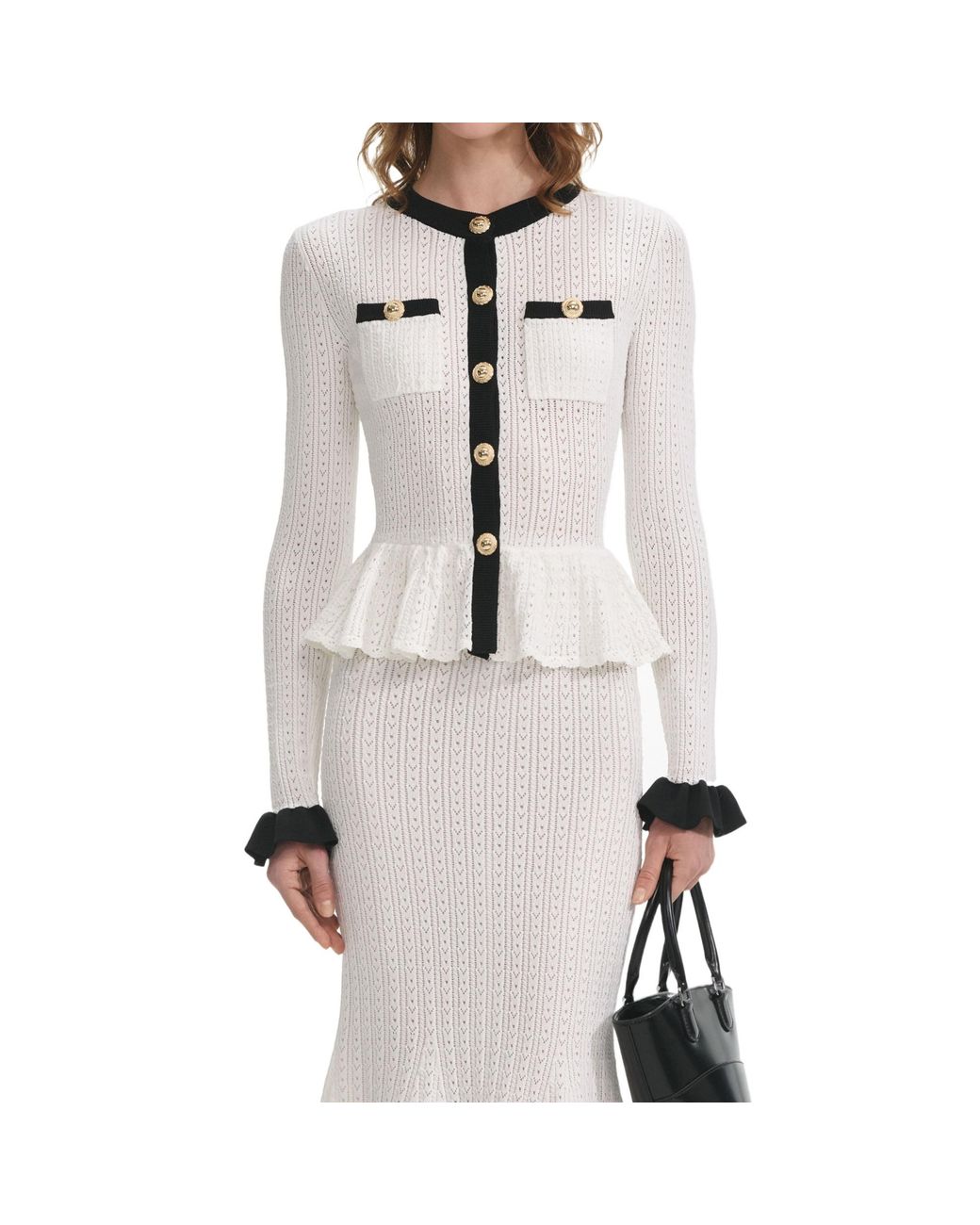 Self-Portrait White Pointelle Knit Contrast Midi Dress
