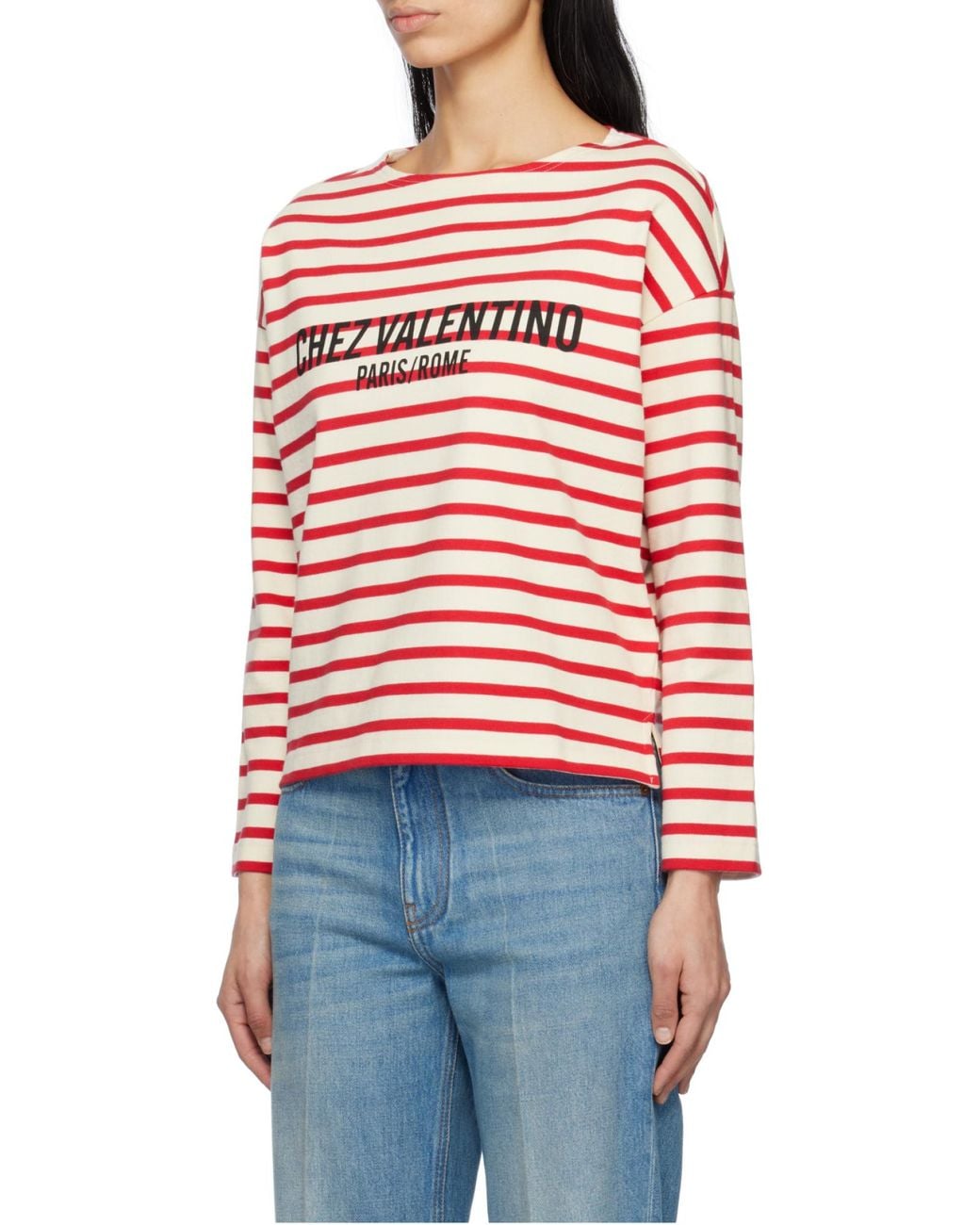 Valentino Red Logo Printed Striped Crewneck T-Shirt