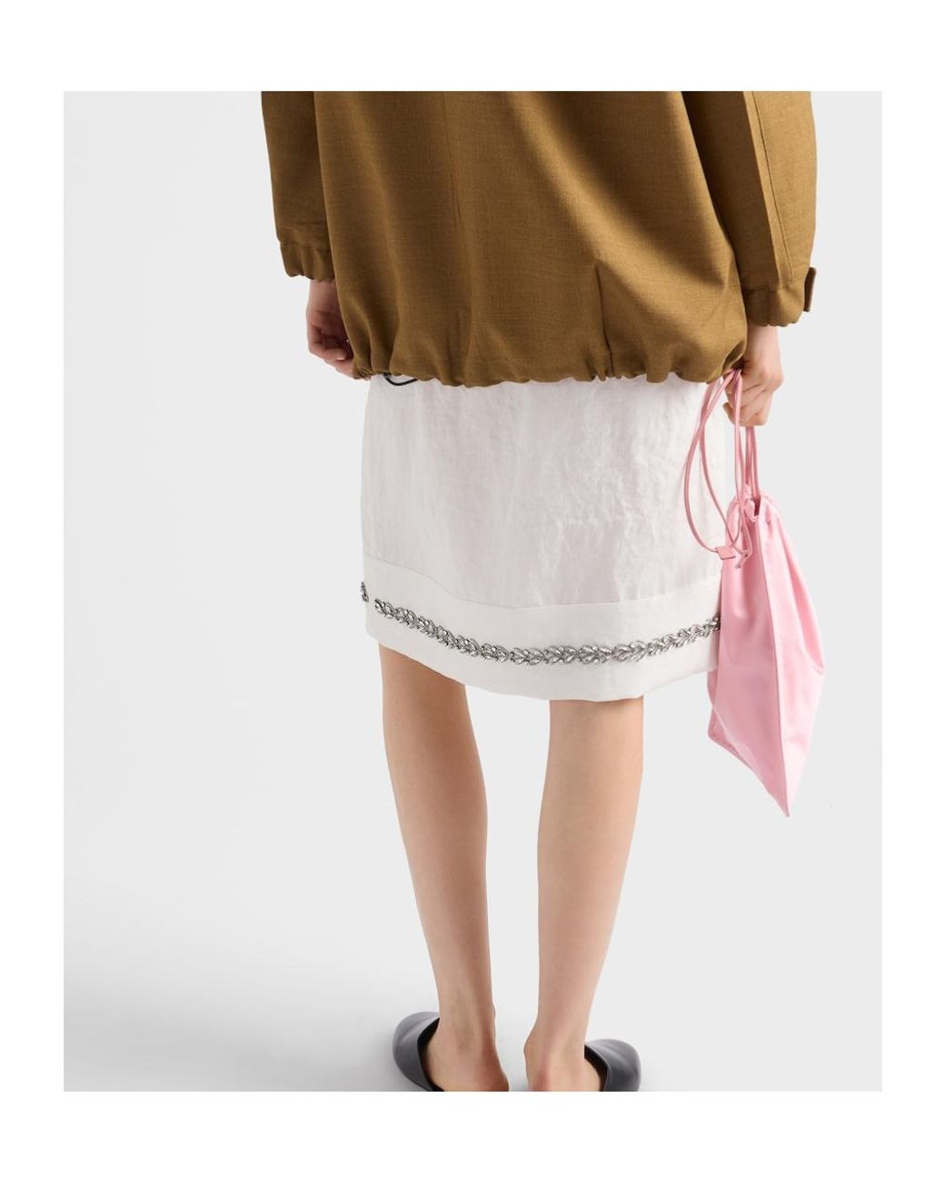 Prada White Embroidered Slubbed Fabric Skirt