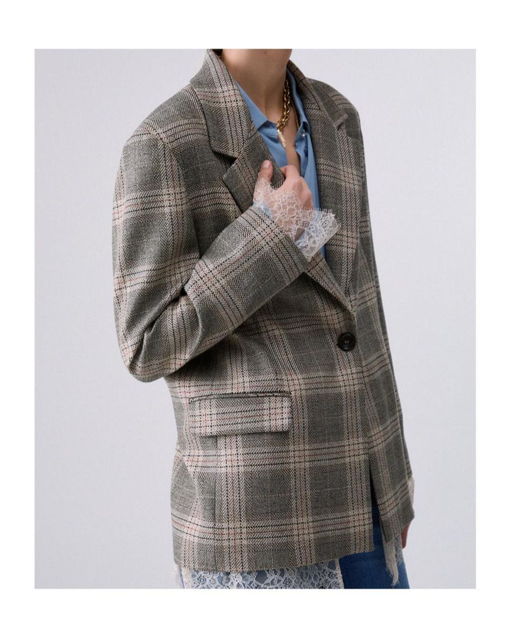 Liu Jo Green Checked Lace-Trim Blazer