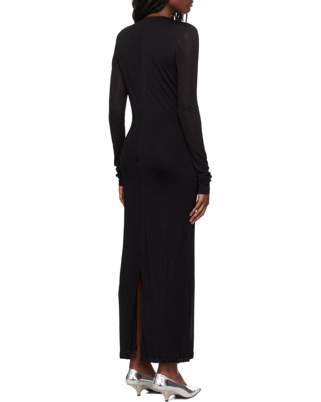 Totême Black Totême Draped V-Neck Long Sleeved Dress