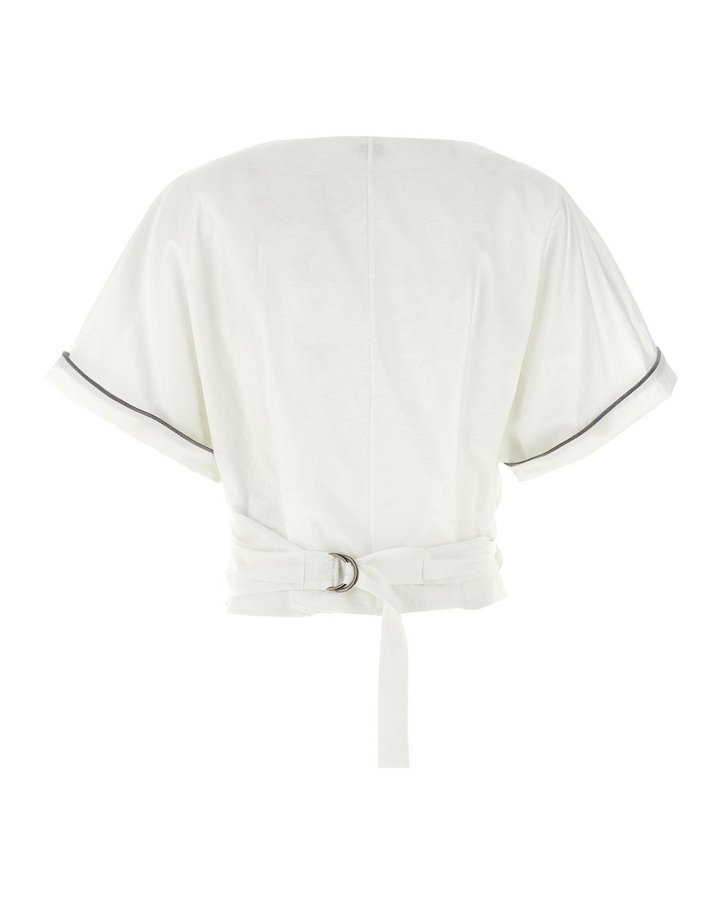 Brunello Cucinelli White Shiny Trim Poplin Kimono-Style Top