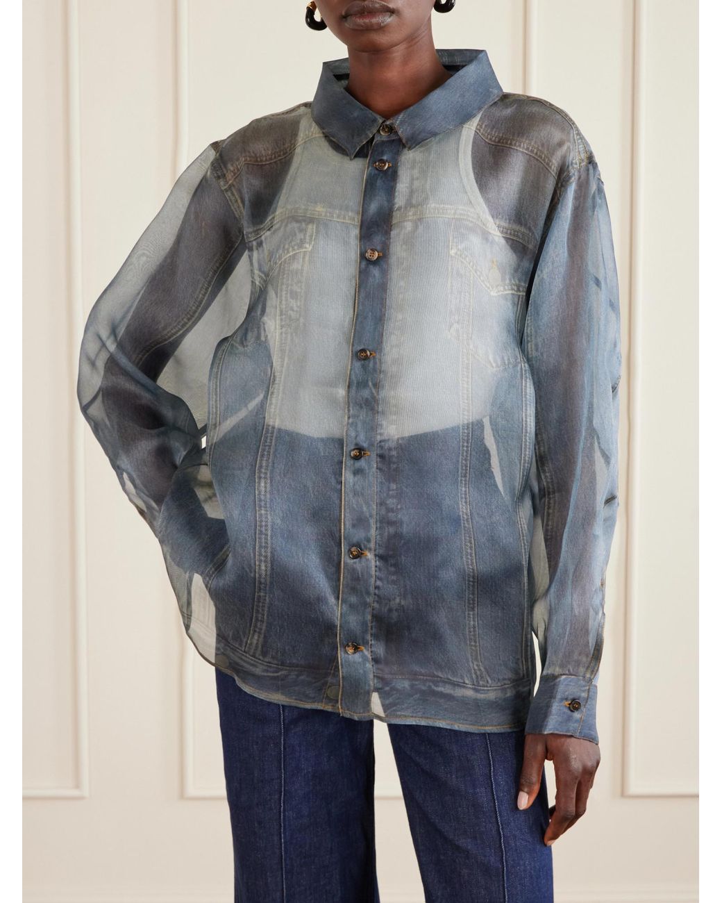 Haikure Blue Denim Printed Long Sleeve Shirt