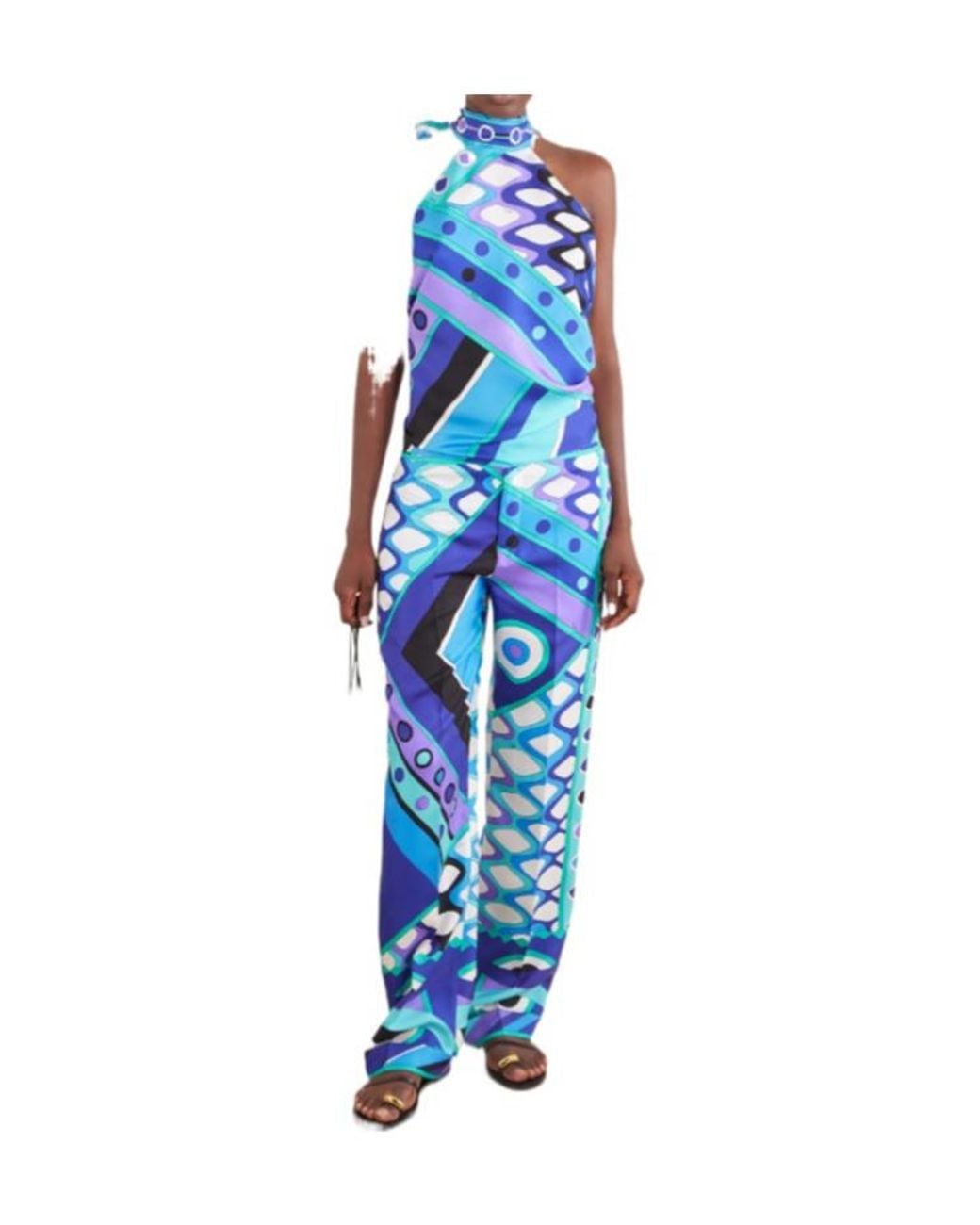 Emilio Pucci Blue Printed Silk-Twill Wide-Leg Pants