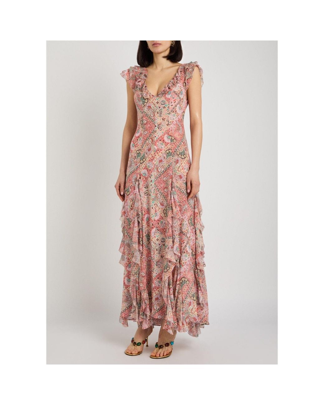 Rixo Pink Printed V-Neck Chiffon Dress