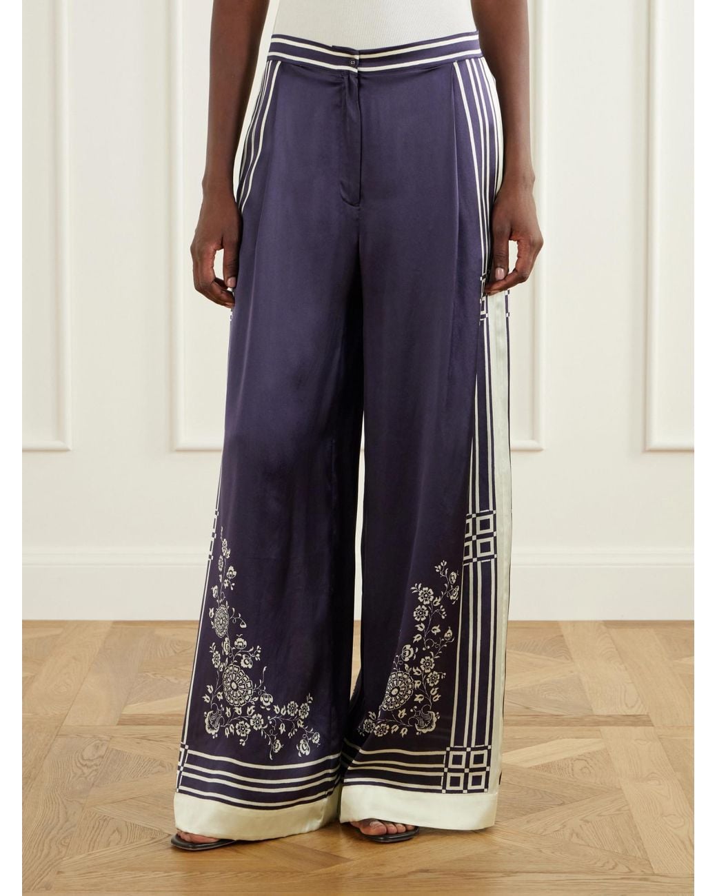 ALÉMAIS Blue Printed Silk-Satin Wide-Leg Pants
