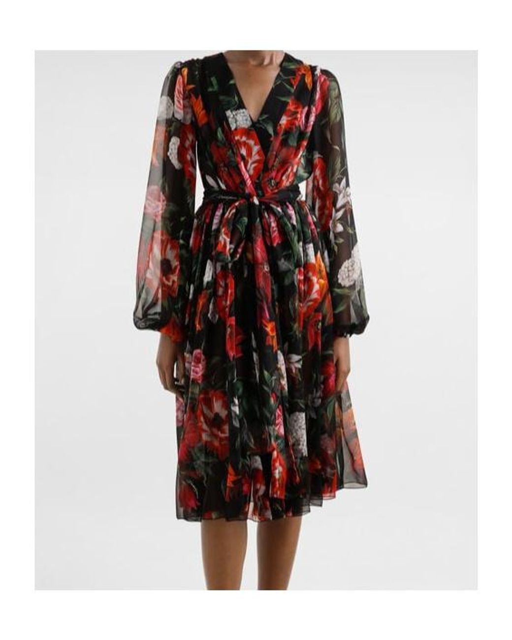 Dolce & Gabbana Red Floral Chiffon Midi Dress