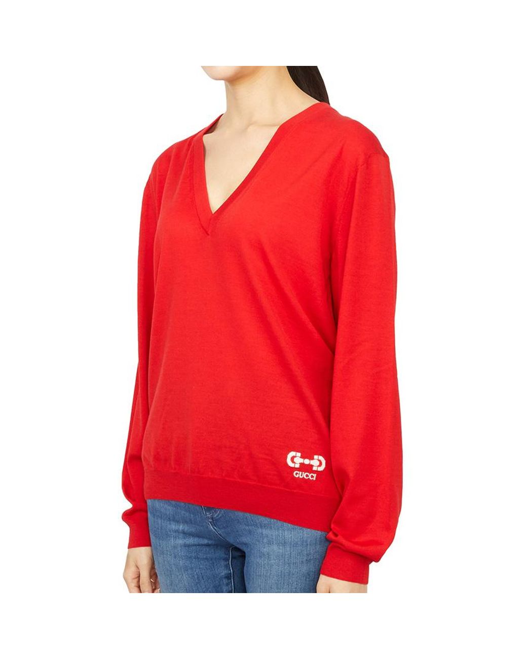 Gucci Red V-Neck Long-Sleeved Jumper