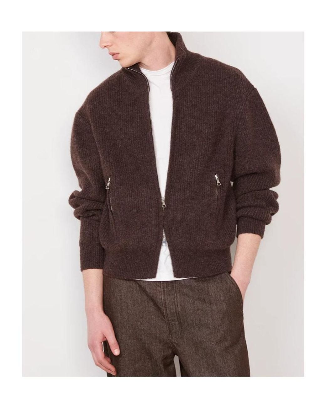 Officine Generale Brown Zip-Up Ribbed Knit Cardigan for men