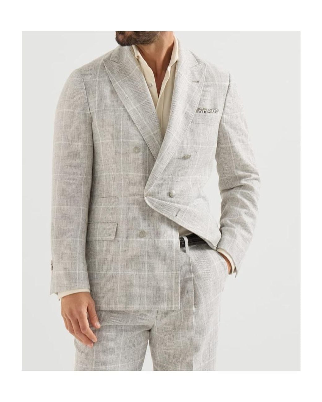Brunello Cucinelli Gray Linen Prince Of Wales One-And-A-Half Breasted Deconstructed Blazer With Metal Buttons for men