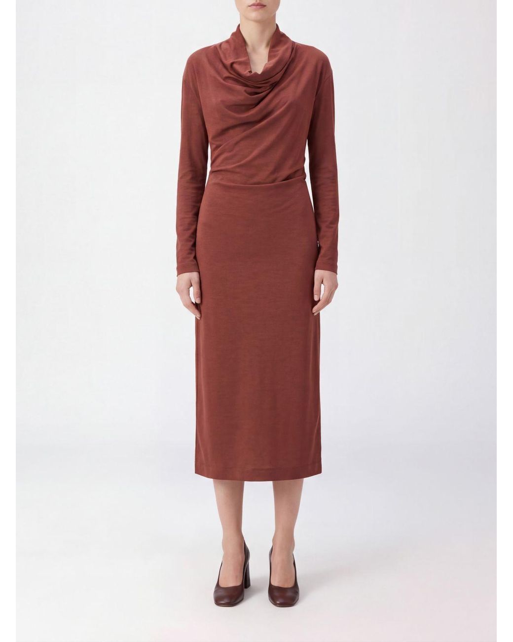 Brunello Cucinelli Red Techno Wool Jersey Dress With Draping And Monili