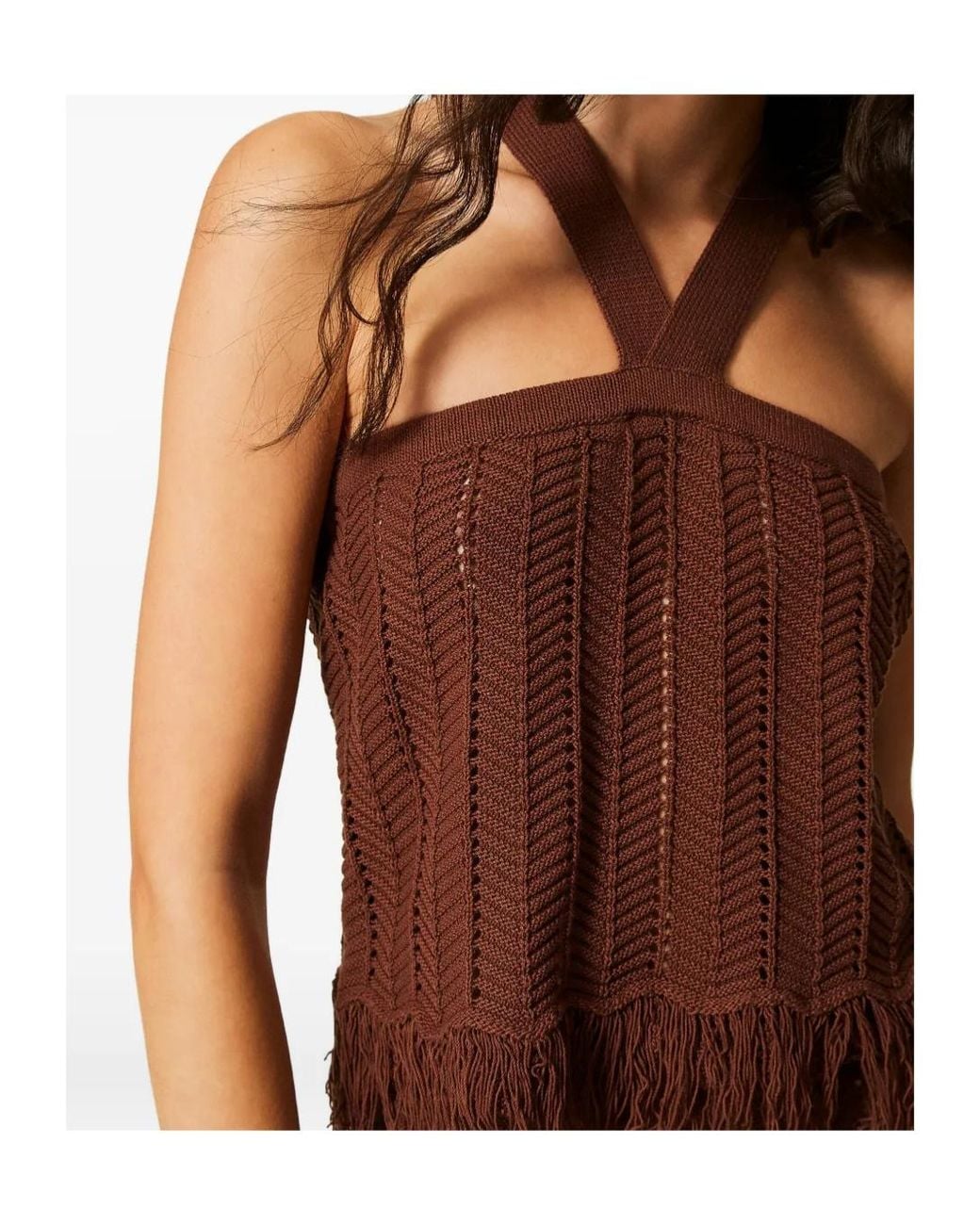 Twinset Brown Fringed Knitted Top