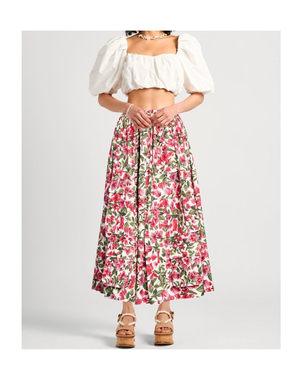 Farm Rio Red Floral Midi Skirt