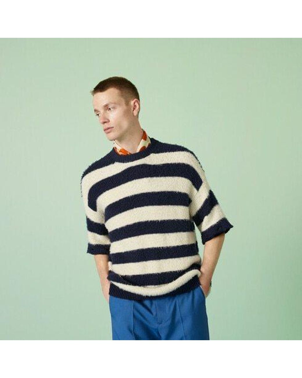 Gucci Blue Striped Crew-Neck Brushed Jumper for men