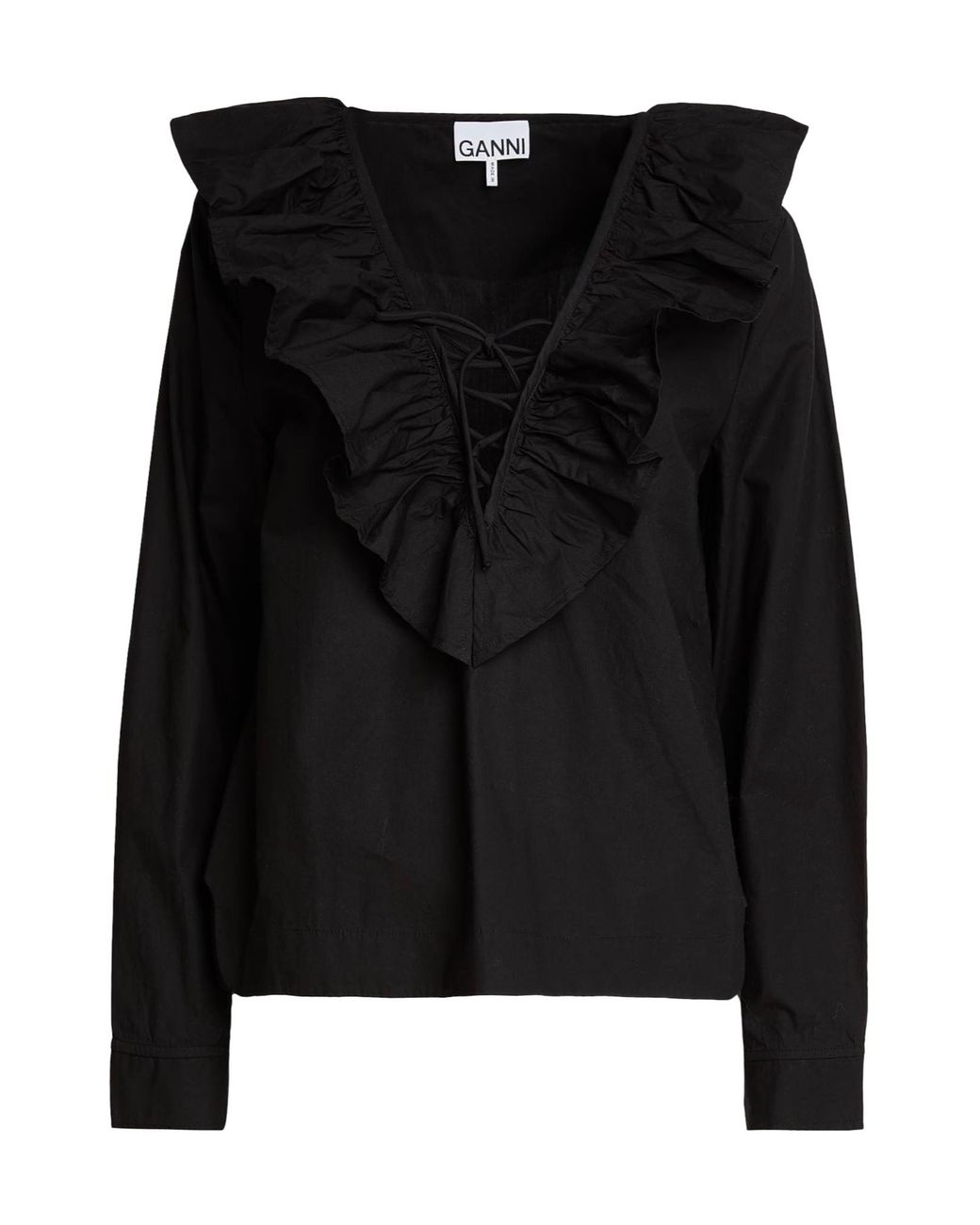 Ganni Black Solid-Color Long-Sleeve Ruched Top