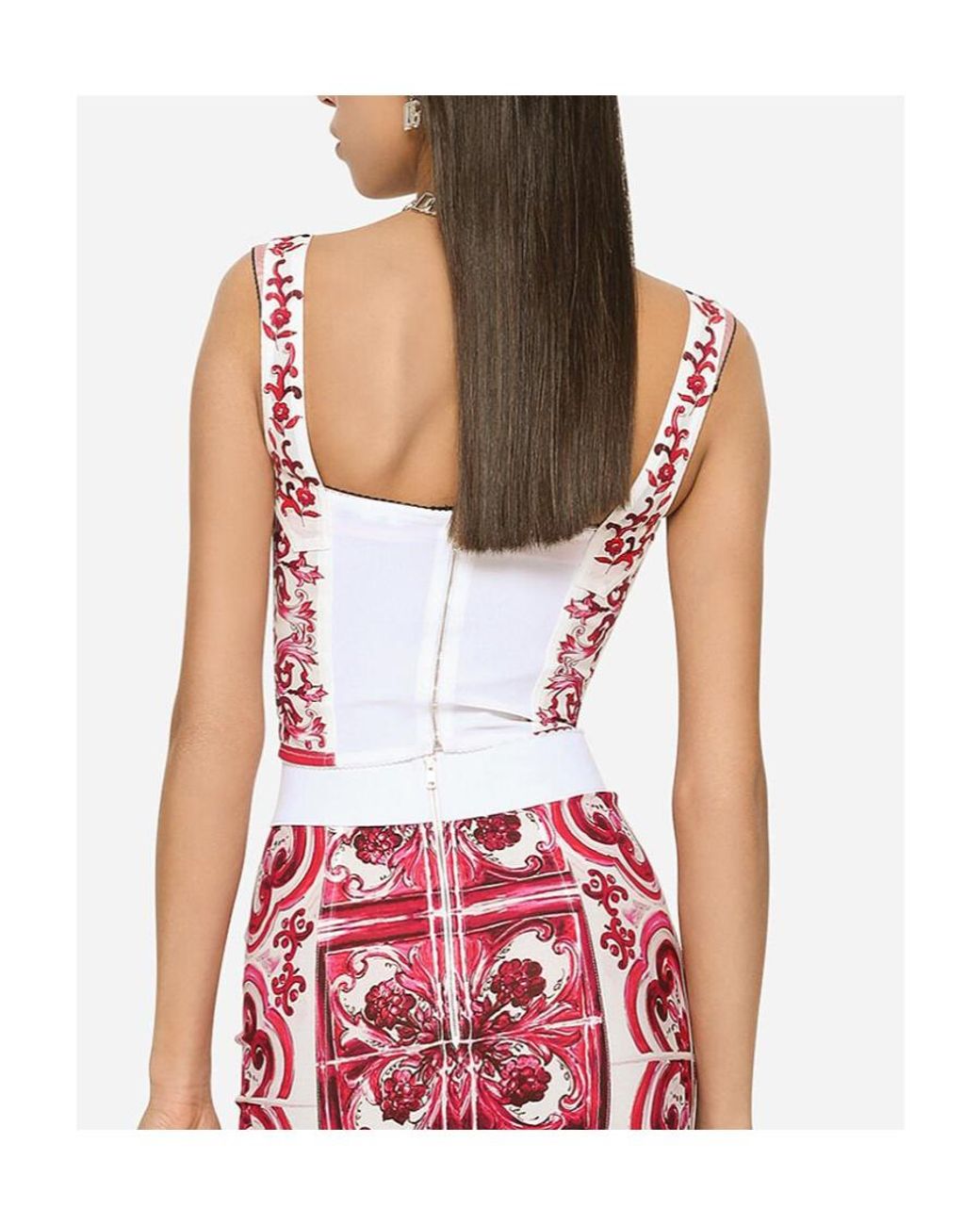 Dolce & Gabbana Red Majolica-Printed Marquisette Bustier Top