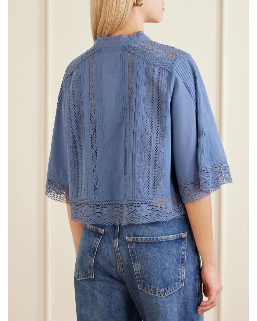 Sea Blue Crochet-Trimmed Cotton Blouse