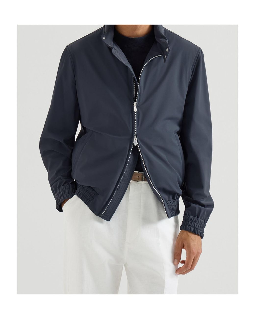 Brunello Cucinelli Blue Elasticated Hem Zipped Bomber Jacket for men