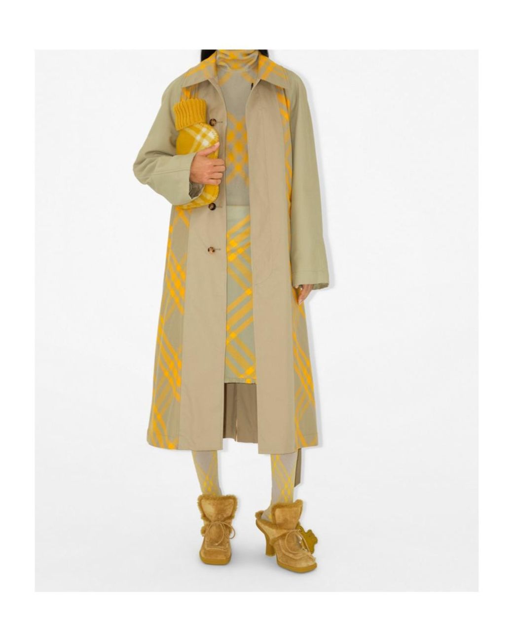 Burberry Yellow Checked Belted-Waist Reversible Trench Coat