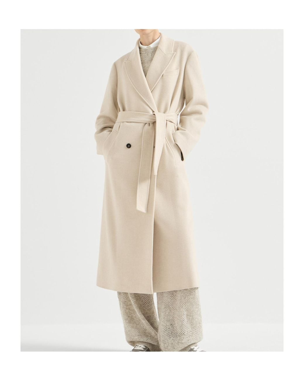 Brunello Cucinelli Natural Lightweight Water-Resistant Cashmere Belted Coat With Monili