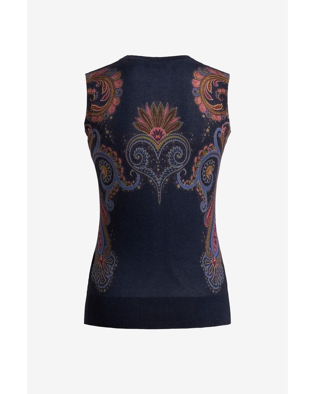Etro Blue Sleeveless Silk And Cashmere Top With Placed Paisley Print