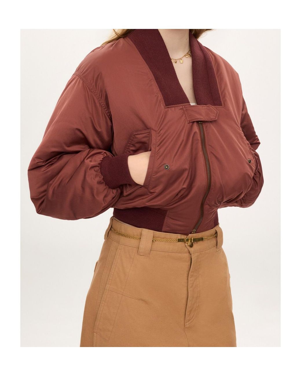 Chloé Red Ribbed-Trim Zip-Up Bomber Jacket