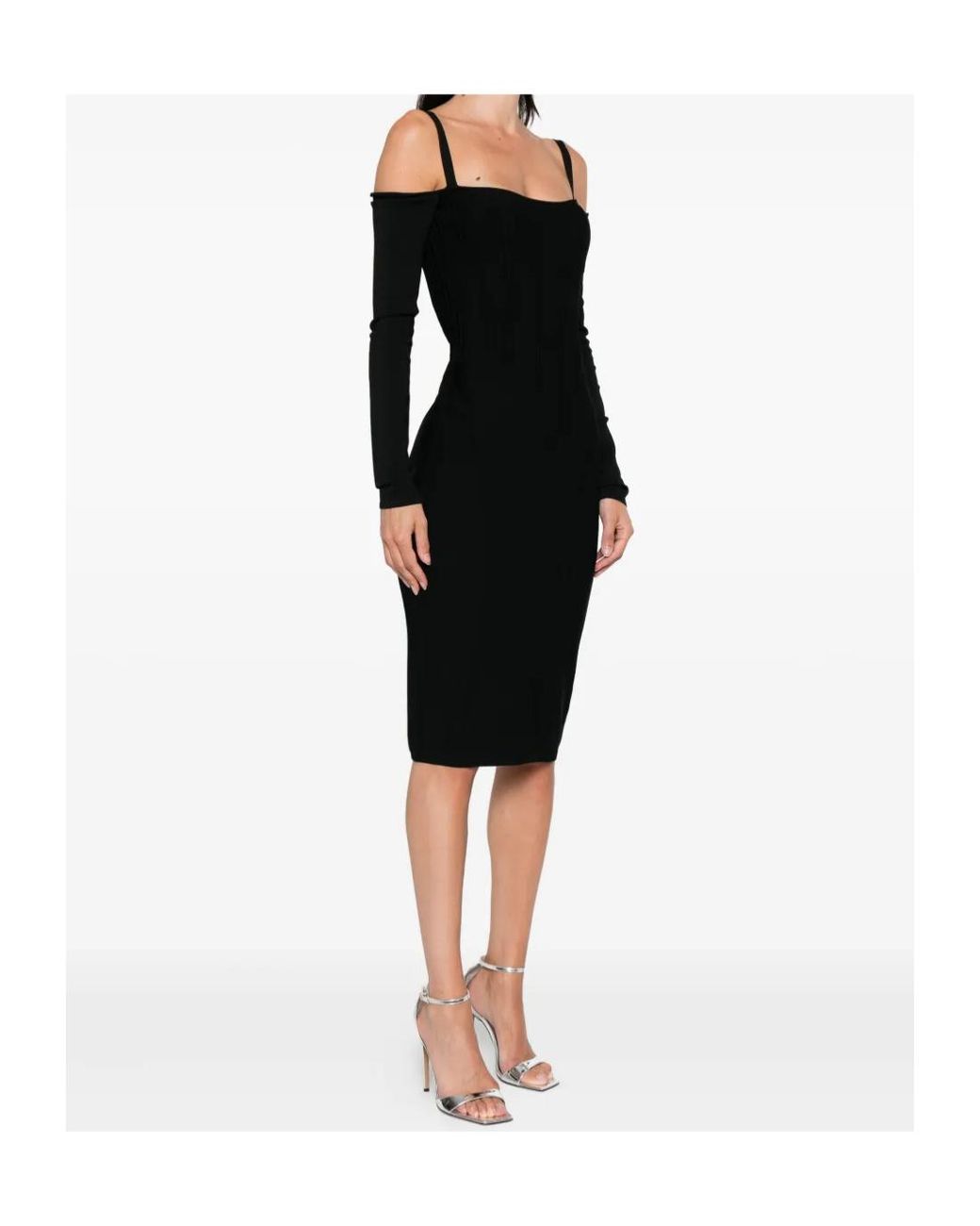 Mugler Black Off-The-Shoulder Long-Sleeved Midi Dress