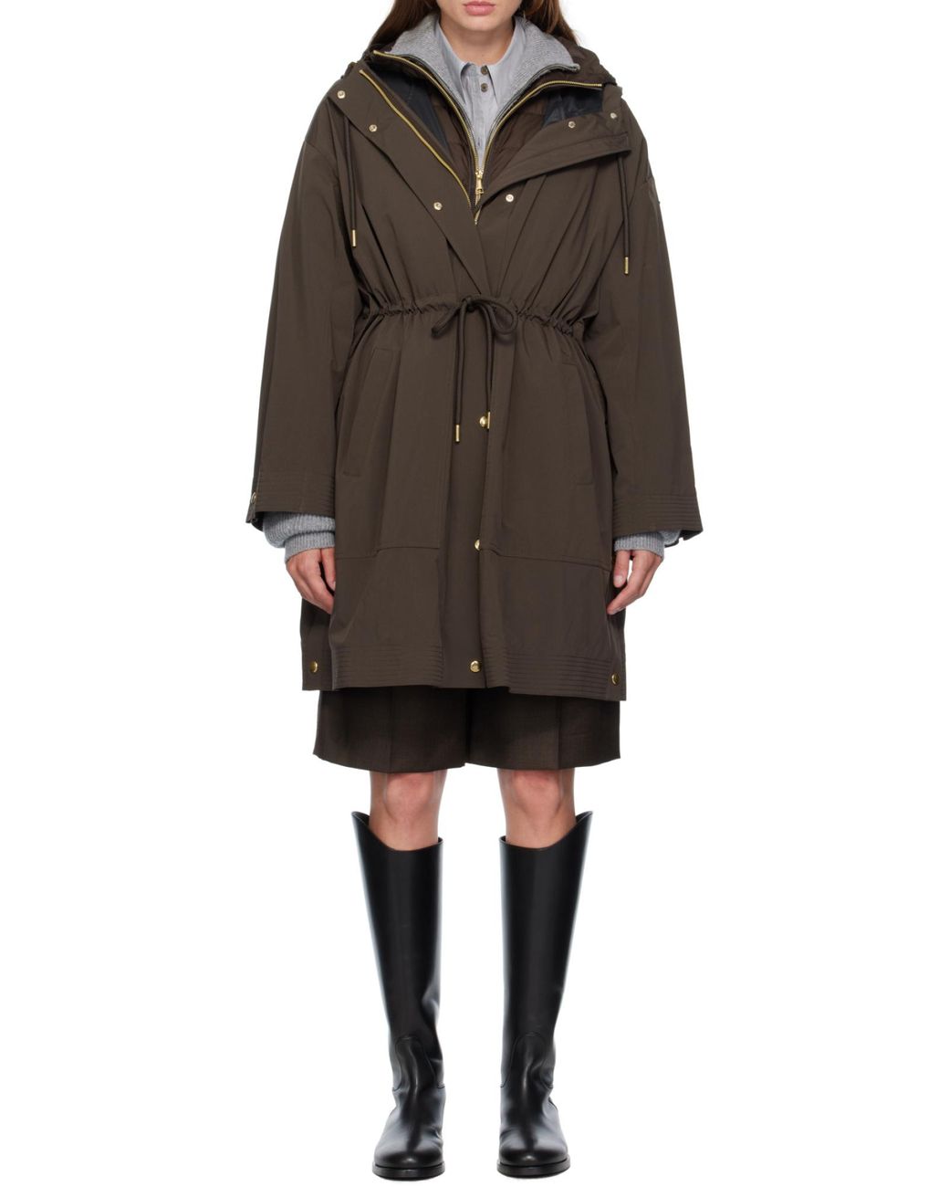 Moncler Gray Zip-Up Drawstring Hooded Coat