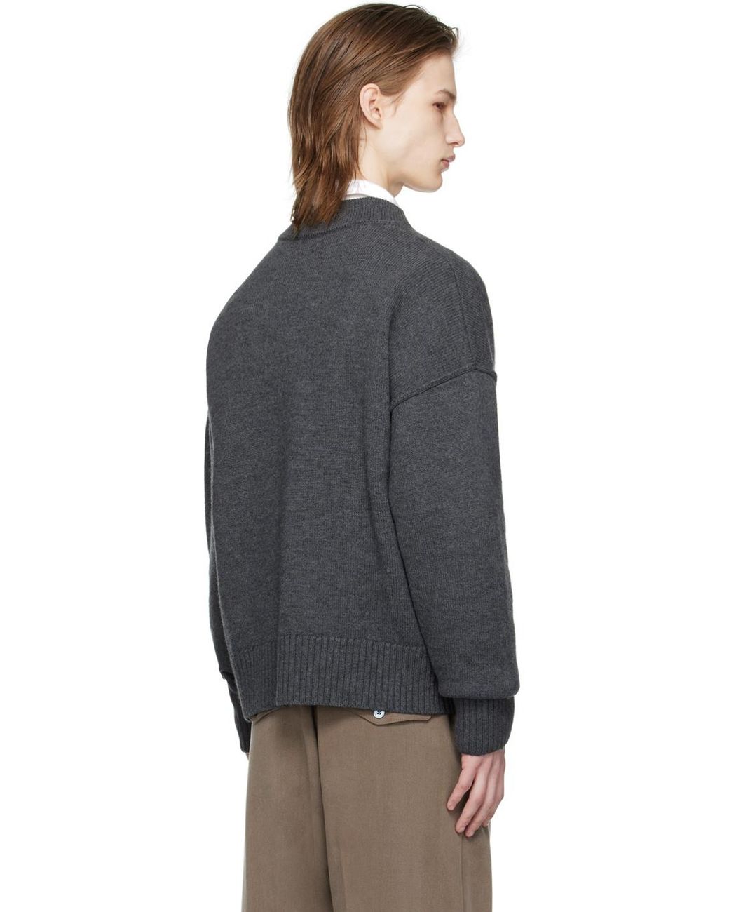 AMI Gray Ami De Coeur Logo Intarsia V-Neck Cardigan for men