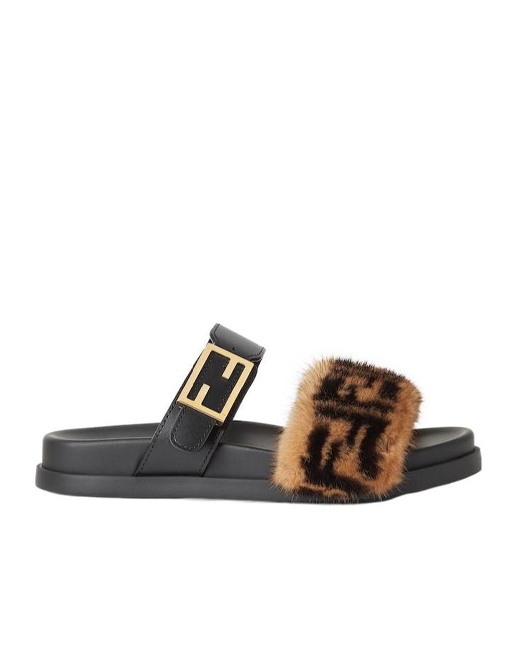 Fendi Brown Feel Ff Logo Plaque Slides