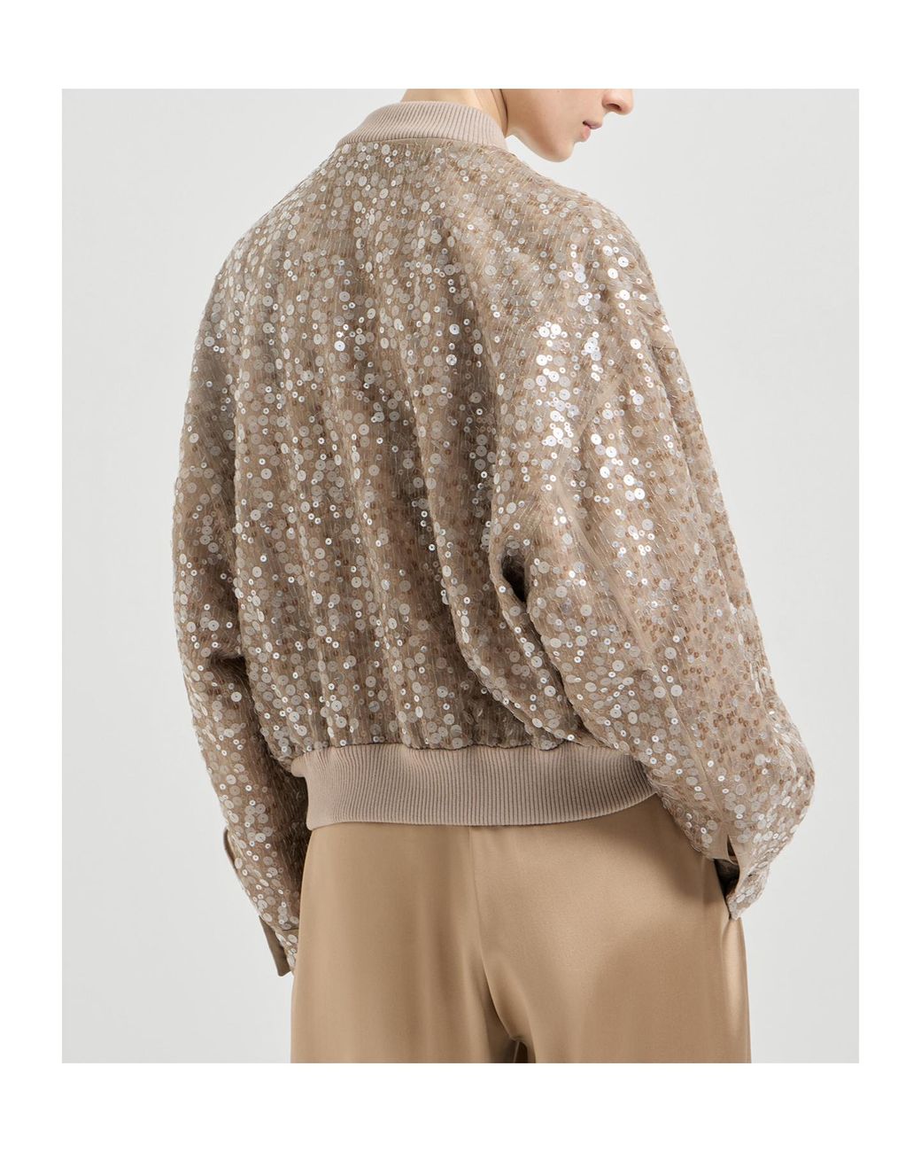 Brunello Cucinelli Brown Sequin-Embroidery Bomber Jacket