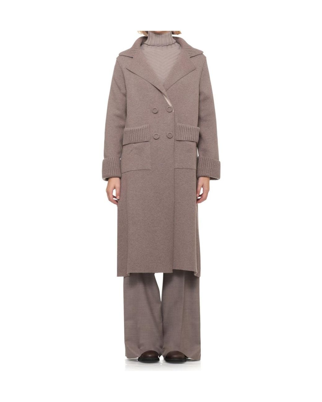 D.exterior Natural Ribbed-Trim Double-Breasted Coat
