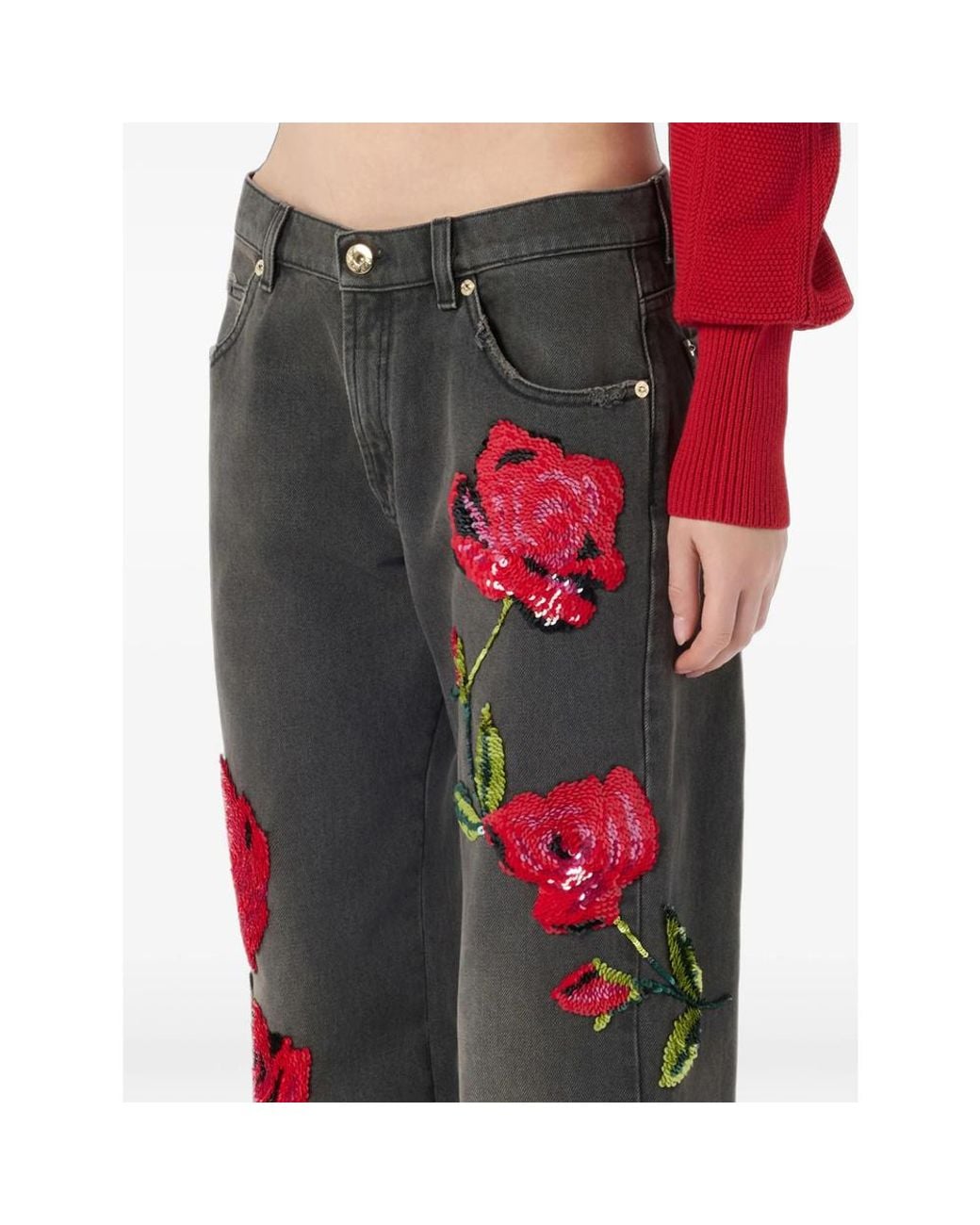 Blumarine Red Wide-Leg Jeans With Sequin Embroidery