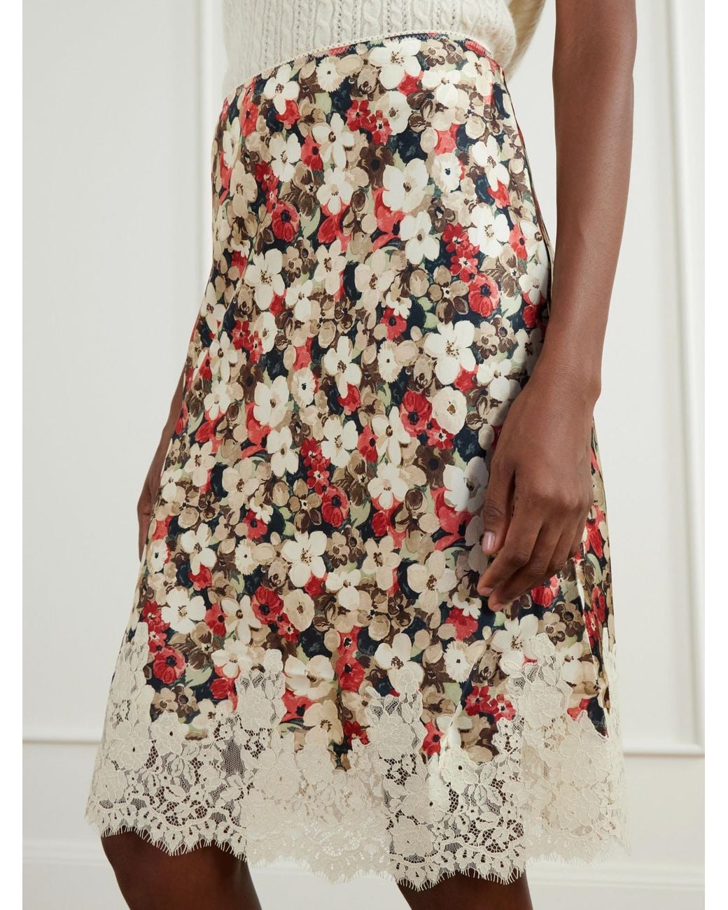 Doen White Floral-Print Lace-Trimmed Silk-Satin Midi Skirt