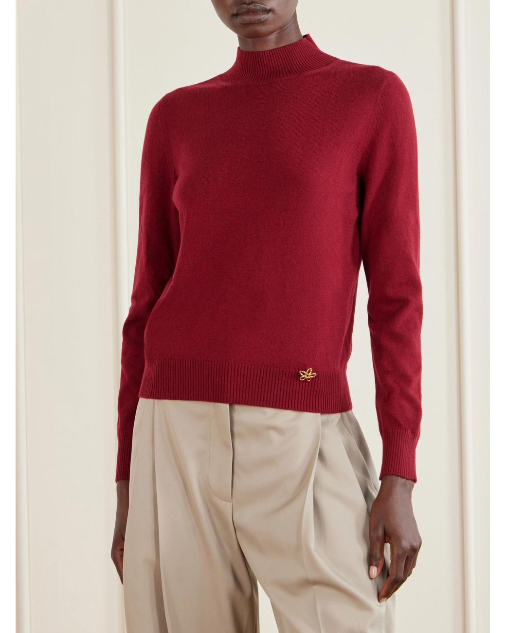 Oscar de la Renta Red Scarf-Detailed Cashmere Sweater