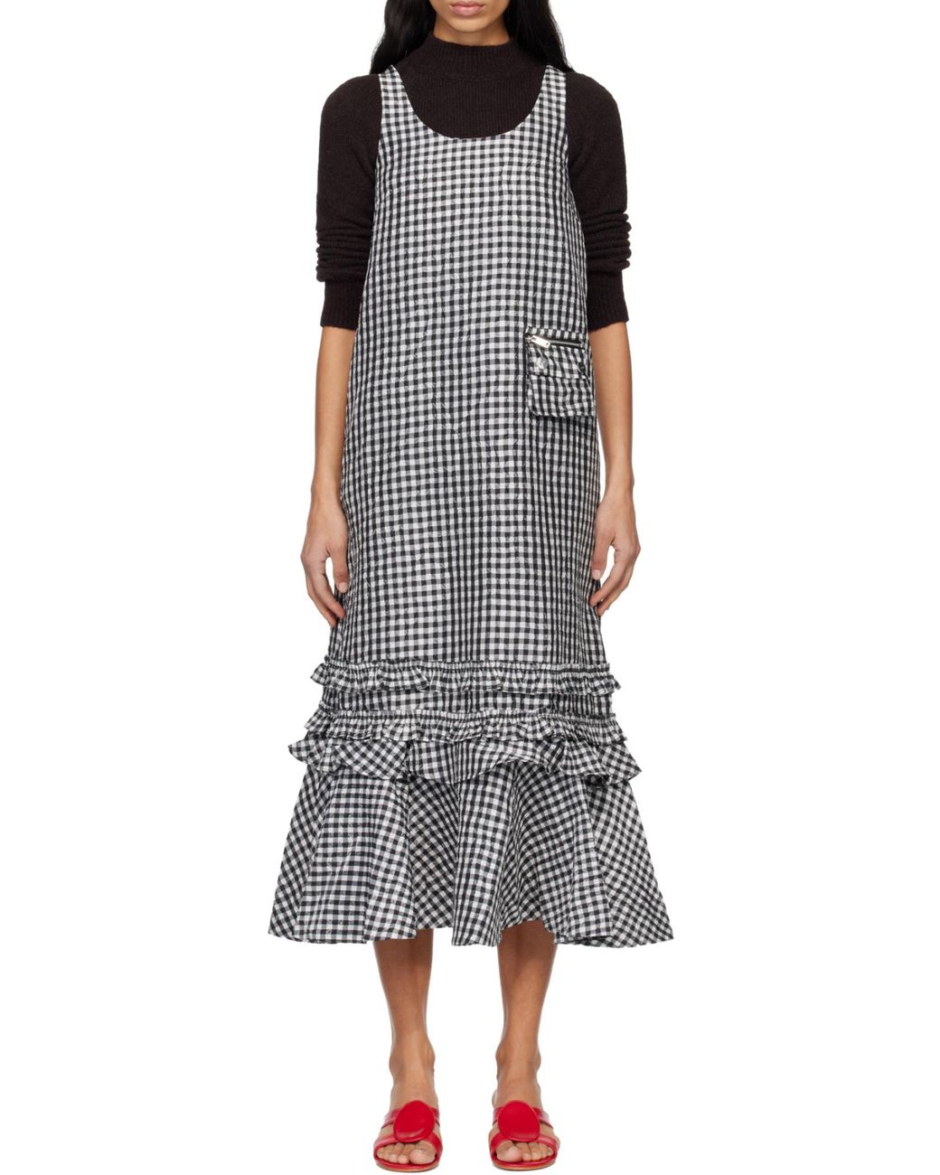 Ganni Gray Checked Sleeveless Midi Dress