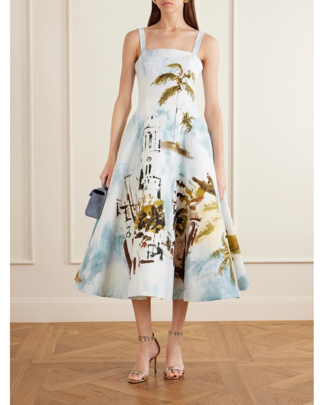 Oscar de la Renta White Printed Cotton-Poplin Midi Dress