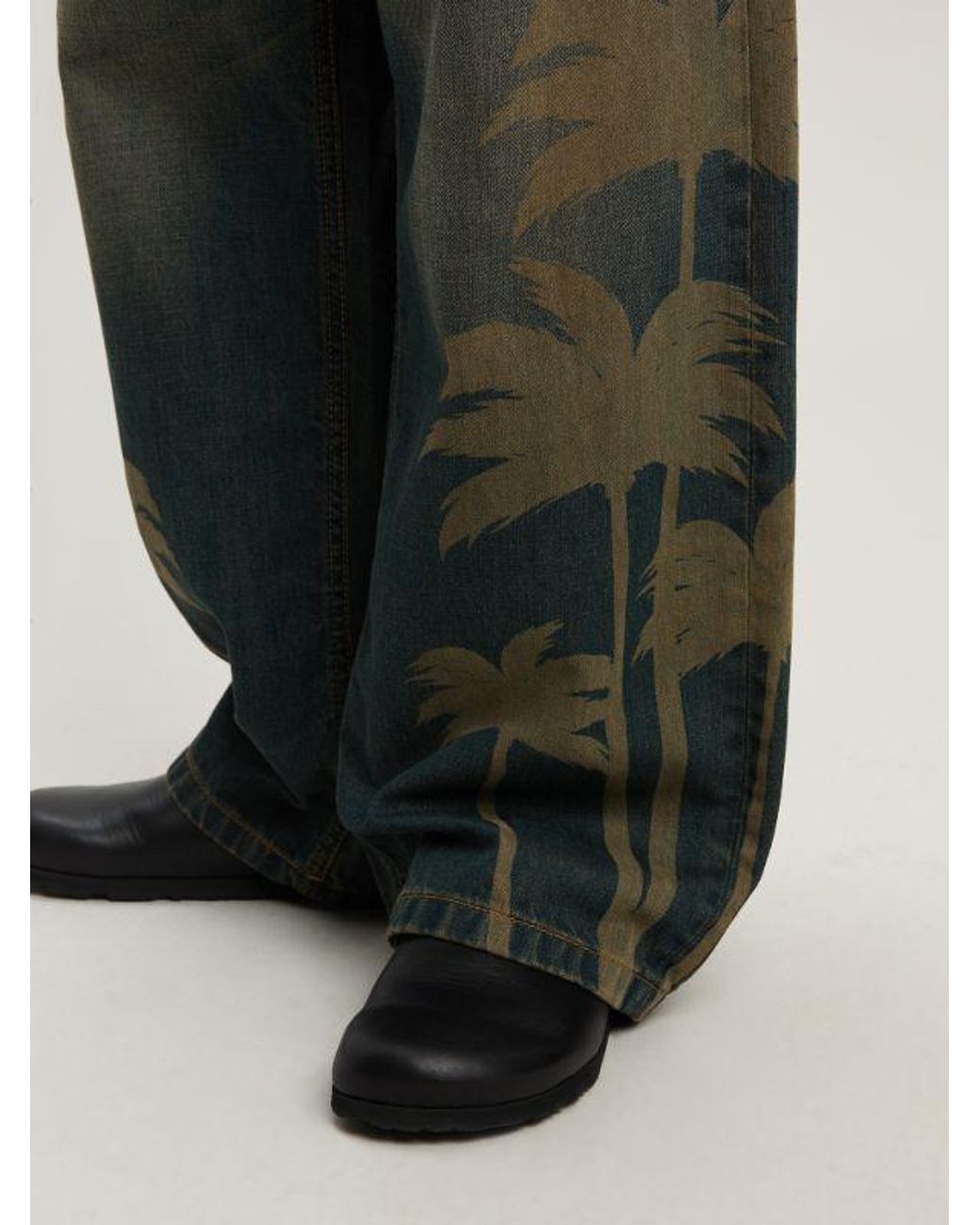 Palm Angels Green Laser Palm Wide Leg Jeans for men